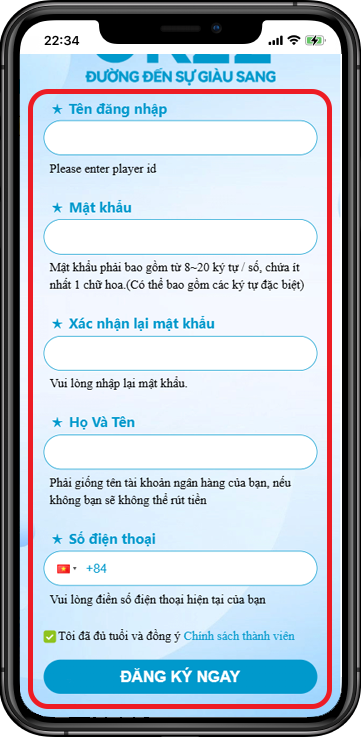 Bước 2: Điền đầy đủ các thông tin đăng ký hệ thống yêu cầu >> sau đó nhấn Đăng Ký Ngay