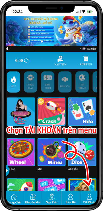 Bước 1 : Tại Trang chủ chọn mục >> TÀI KHOẢN        