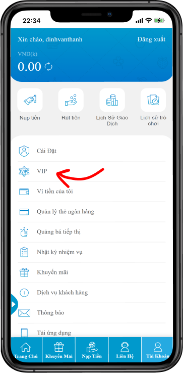 Bước 2 : Tại mục "Tài Khoản" chọn mục VIP.