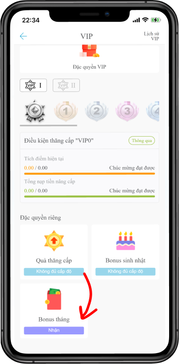 Bước 3 : Tại mục VIP kéo xuống " Quà Tháng" >> Ấn Nhận thưởng.