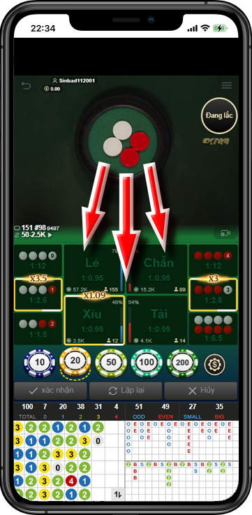 BƯỚC 4 : Chọn Số Tiền Cược Và Đặt Vào Cửa Mà Mình Muốn Cược Sau Đó Bấm Xác Nhận Và Theo Dõi Kết Qủa