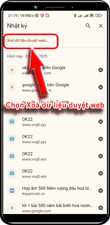 Bước 3 : Tiếp Tục Bấm Xóa Dữ Liệu Duyệt Web