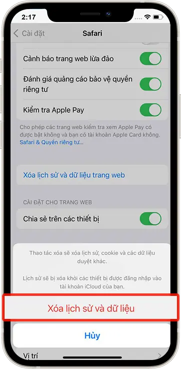 Bước 4 : Tiếp Tục Bấm Xóa lịch Sử Và Dữ Liệu