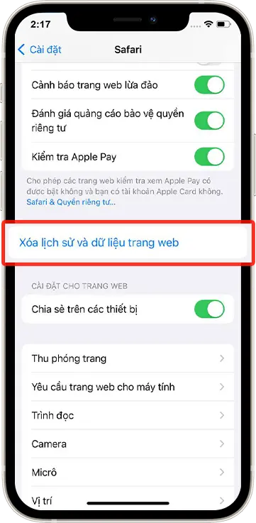 Bước 3 : Chọn Xóa Lịch Sử Và Dữ Liệu Trang Web