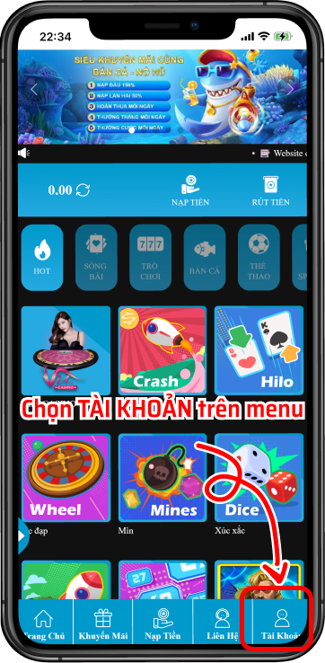 Bước 1: Ở mục 'Tài Khoản' chọn 'Quản lý thẻ ngân hàng'