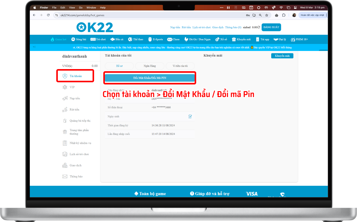 Bước 2 : Chọn Đổi MÃ PIN Rút Tiền