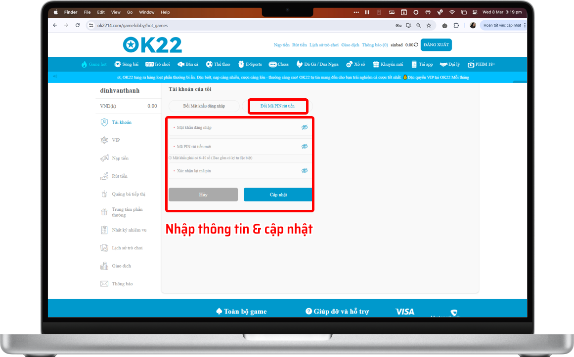Bước 3: Nhập thông tin Mật Khẩu Đăng Nhập, Mã Pin Cũ và Mã Pin Mới >> Sau đó bấm 