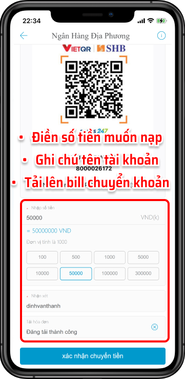 Bước 6 : Xác nhận thông tin giao dịch và hoàn tất việc nạp tiền