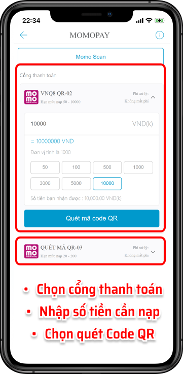 Bước 3: Chọn  số tiền mà bạn muốn nạp, lưu ý 1 điểm = 1,000VND