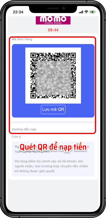 Bước 4: Sao chép thông tin nạp tiền hoặc quét mã để chuyển khoản.