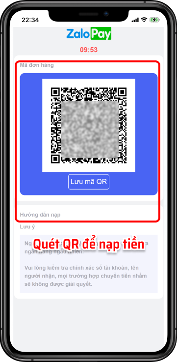 Bước 4: Sao chép thông tin nạp tiền hoặc quét mã để chuyển khoản.