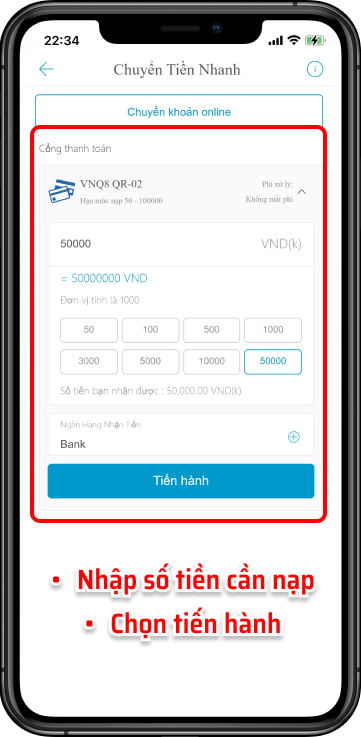 Bước 3 : Chọn mục Siêu Tốc - OKVIP >> Nhập số tiền nạp 1 điểm = 1,000VND >> Ấn Tiến Hành.